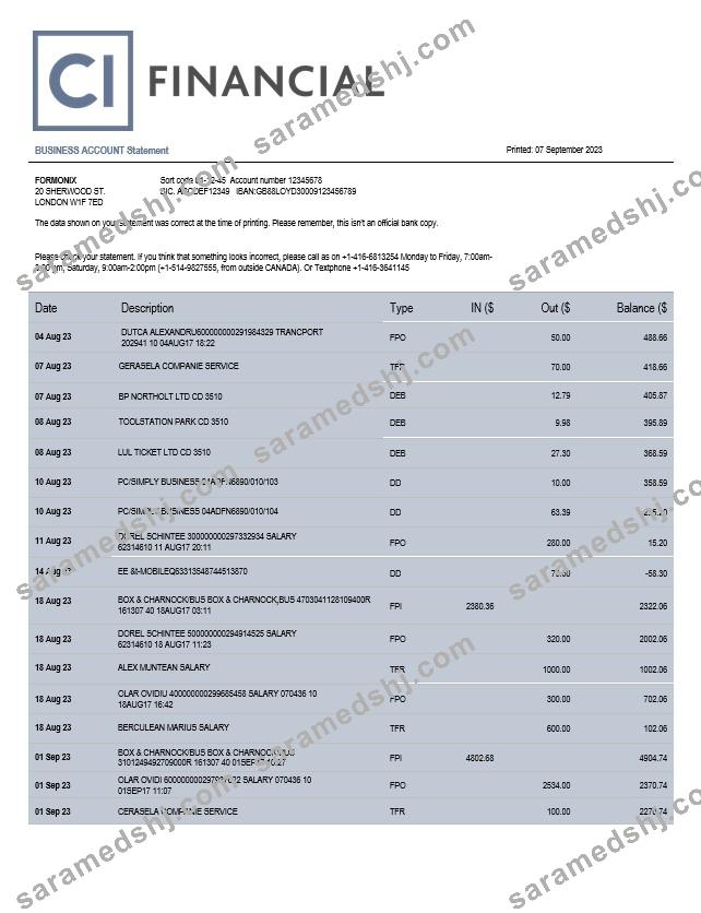 CL Financial Bank organization account statement Word and PDF template
